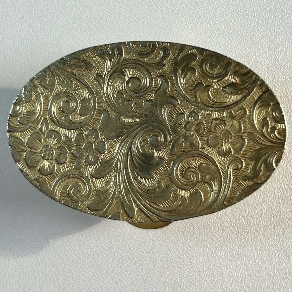 Vintage oval trinket pill box gold tone floral design faux agate gemstone